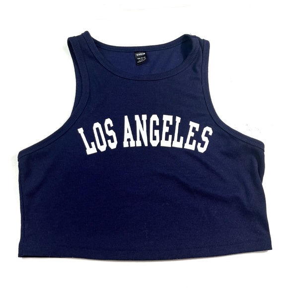 SHEIN Tops - SHEIN Los Angeles Navy Cropped Racerback Spellout Collegiate Graphic Tank Top L